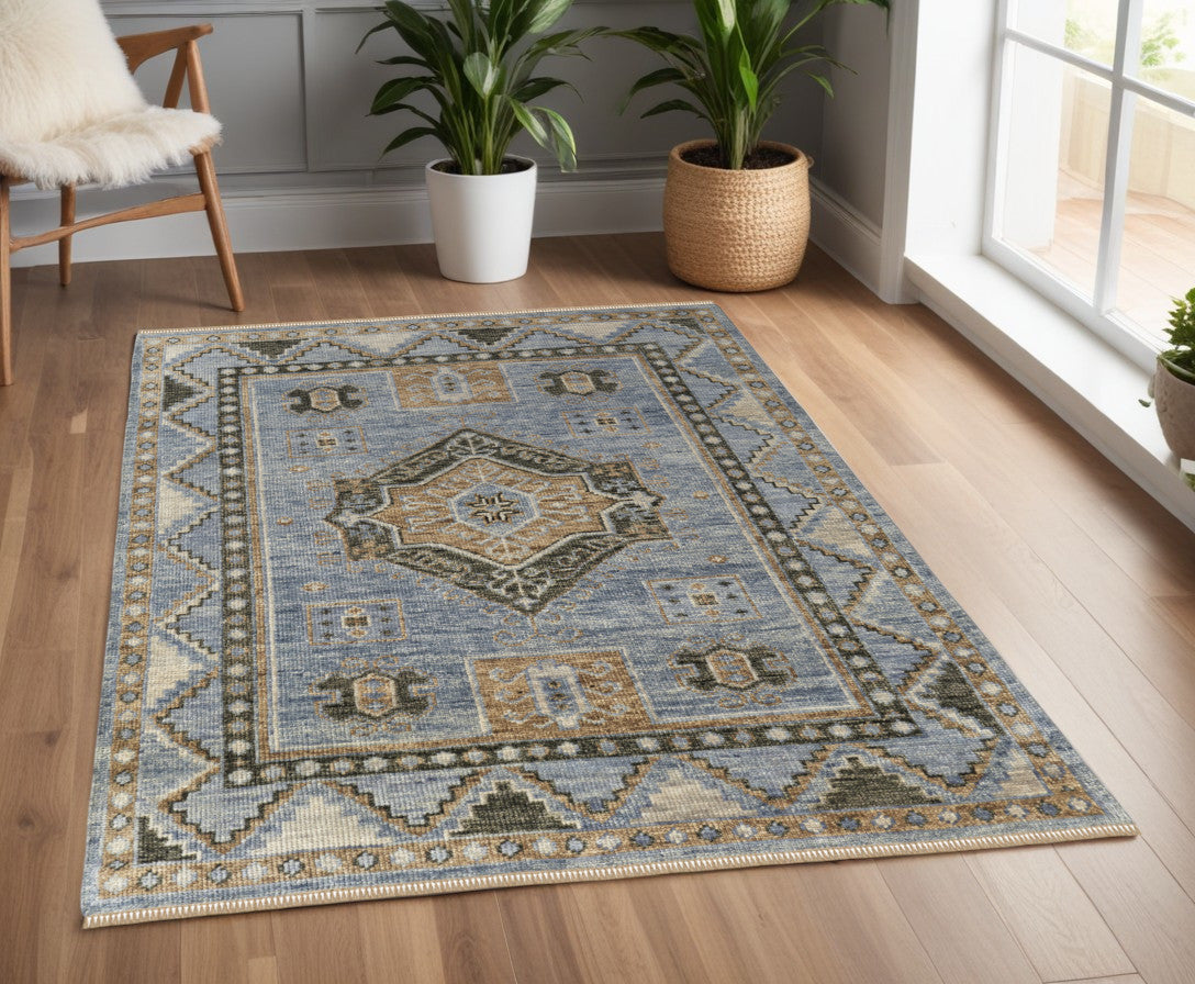 8' Ivory Tan And Blue Wool Oriental Hand Knotted Round Rug With Fringe